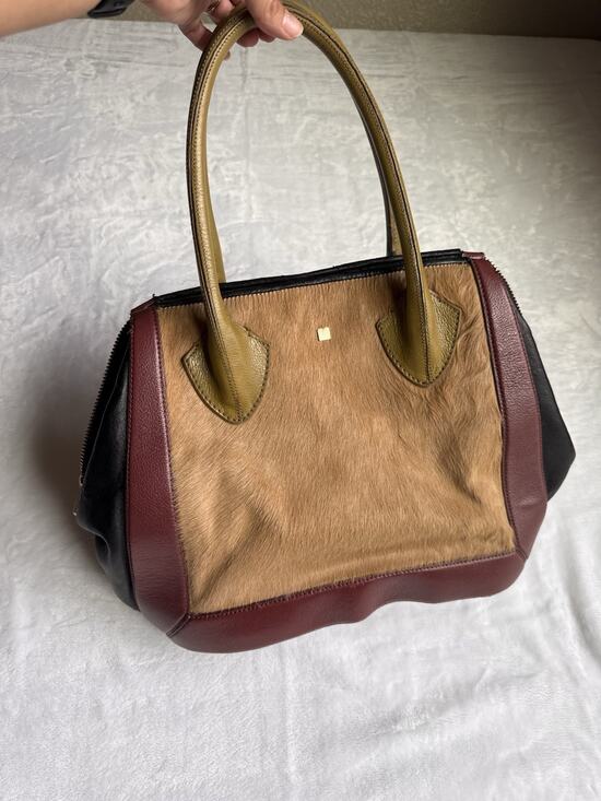 Pour La Victoire Handbags - Pour La Victoire Calf Pony Hair Leather Colorblock Tote Bag Burgundy Black